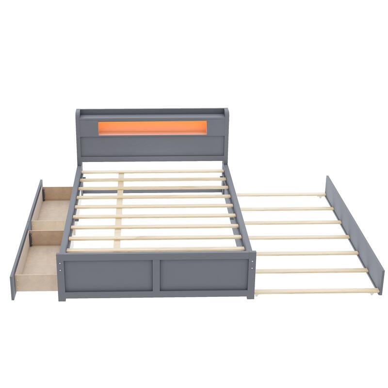 Queen Size Platform Bed with LED Headboard, Trundle & Drawers