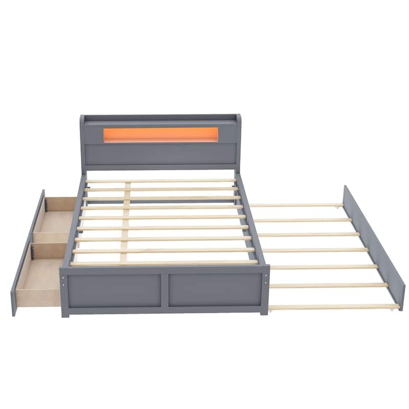 Queen Size Platform Bed with LED Lights & Trundle, Wood Storage Bed Frame with Headboard Shelf & 2 Drawers for Kids Teens Adults