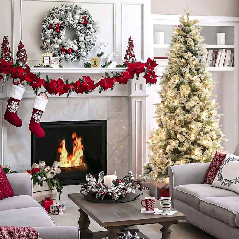 6.5Ft Pre-Lit Flocked Artificial Christmas Tree with Berries and Pinecones - 78" H x 40.6" Diameter