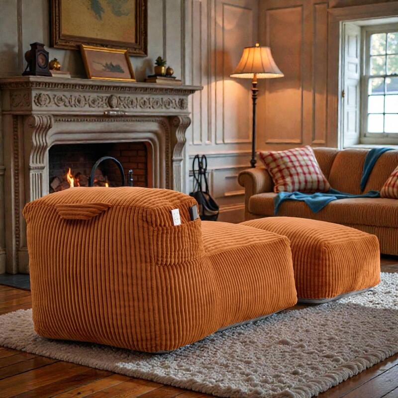 Large Memory Foam Bean Bag Chair for Adults, Corduroy Lounger Sofa with Ottoman