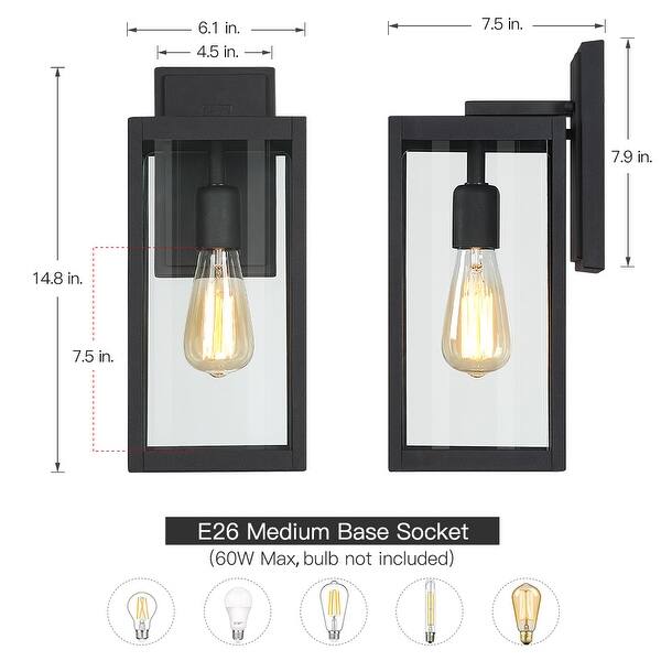 dimension image slide 1 of 2, 14.8"H Outdoor Black Modern Exterior Wall Lantern Sconce Light with Clear Glass Panels