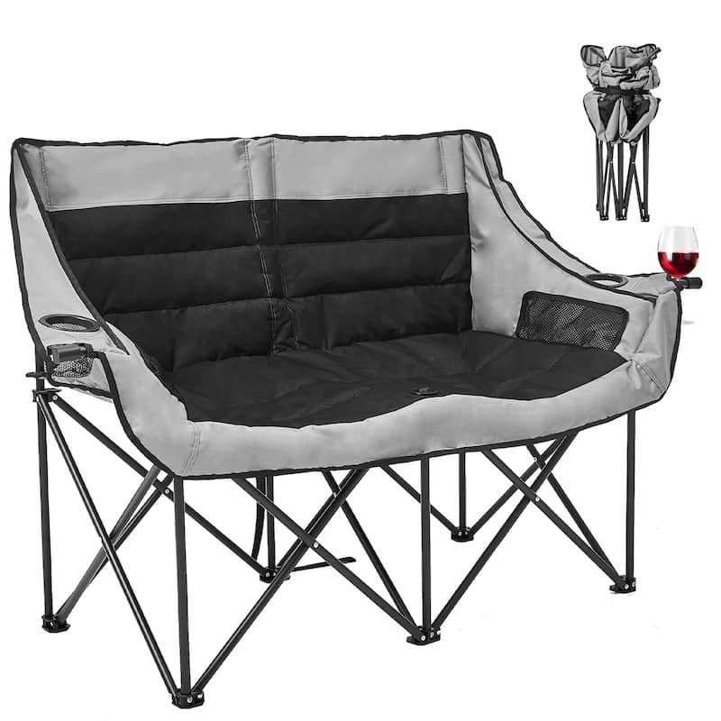 DoCred Oversized 2 Person Folding Fully Padded Camping Chair - Black and Grey