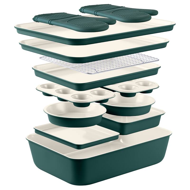 Country Kitchen Nonstick Stackable Bakeware Set - Durable, Easy Release Baking Set, Cream, 13 Pcs - Green