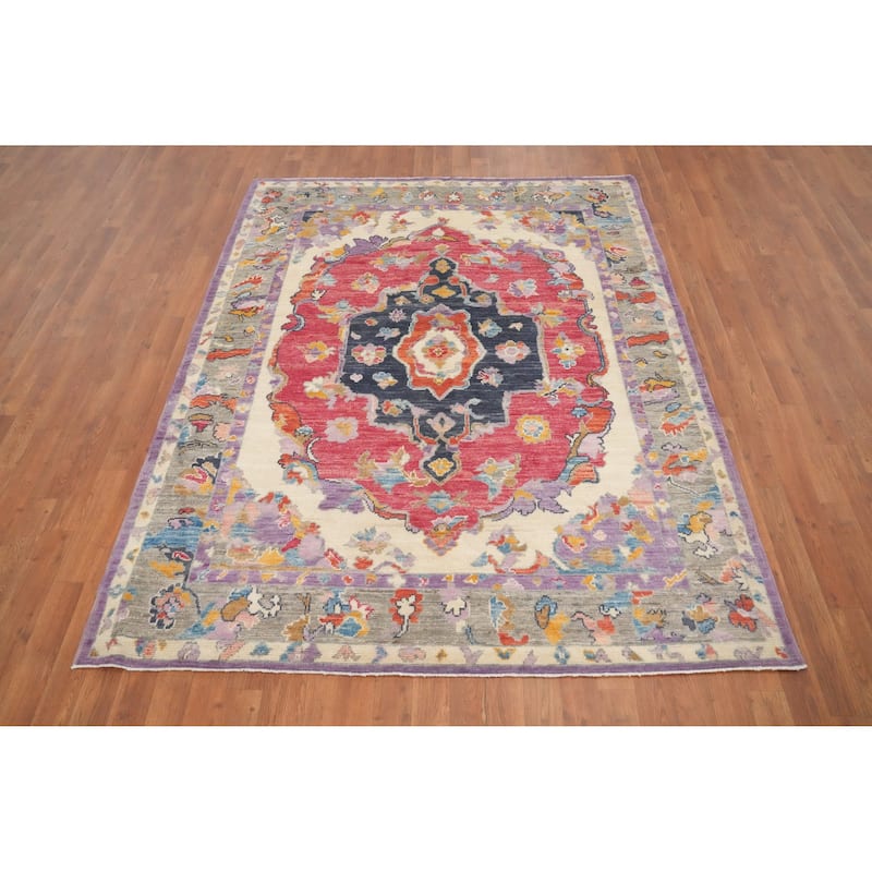 Hand Knotted Oriental 100% Wool Carpet Transitional Medallion Pink Oushak Area Rug - 6' 10'' X 5' 6''