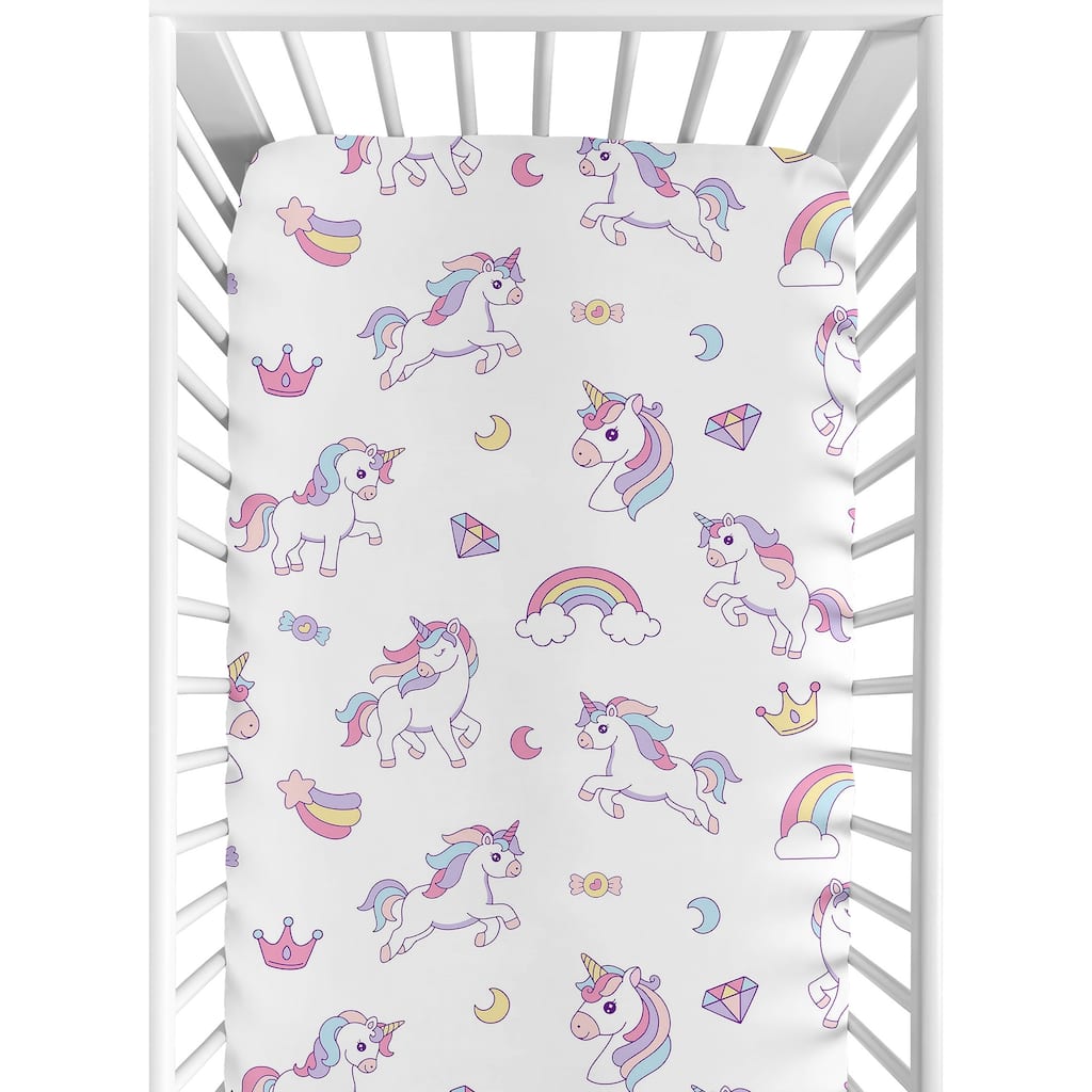 Sweet Jojo Designs Rainbow Unicorns Girl Fitted Crib Sheet Princess Pastel Pink Purple Blue Yellow Blush Moon Stars Abstract