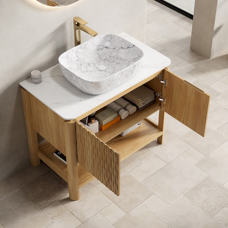 Freestanding Bathroom Vanity in Natural Wood with Carrara White Sintered Stone Top and Vessel Ceramic Basin