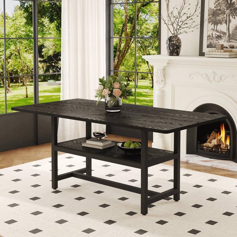 Extra Long Dining Table with Under Table Storage Shelf Black MDF Top Metal Legs Modern Design - Black