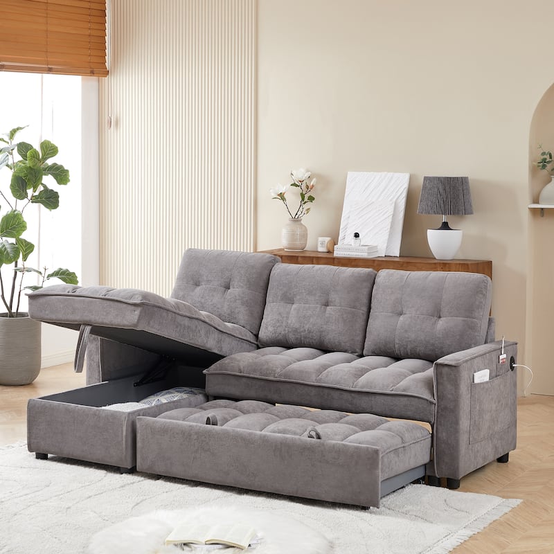 78.75" Reclining Sofa Bed with Charging Ports, L-Shaped Sectional with Storage, Dark Grey Chenille