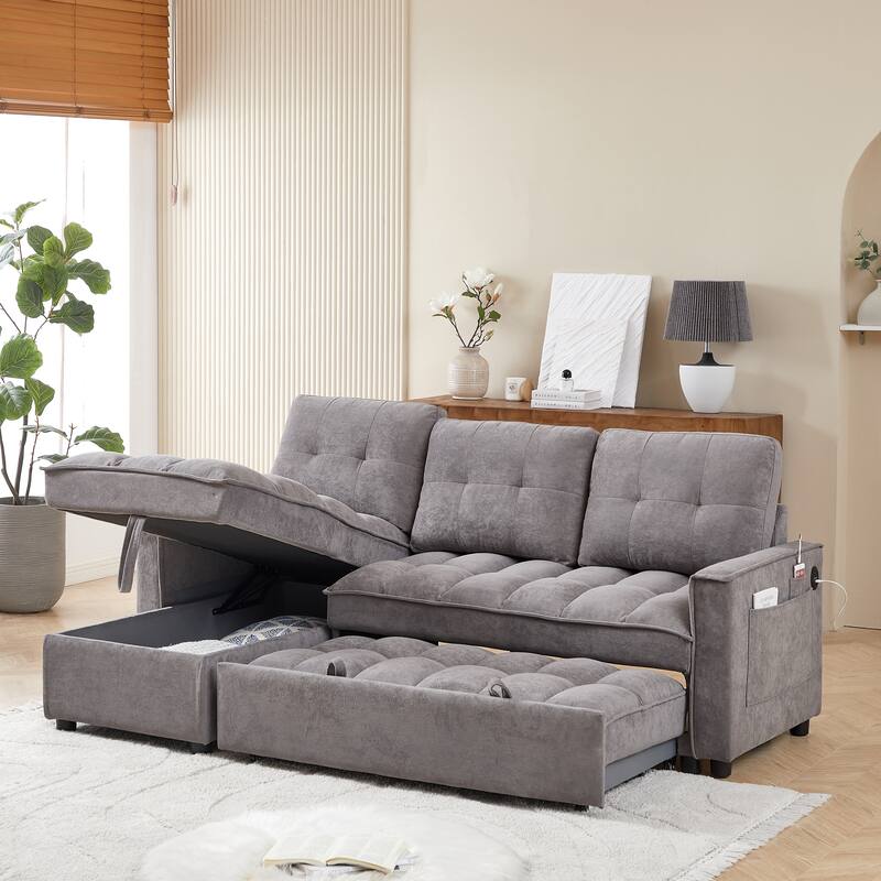 GDFStudio - Chenille 78.75" L-Shaped Sectional Reclining Sofa with USB and tape-c charging ports