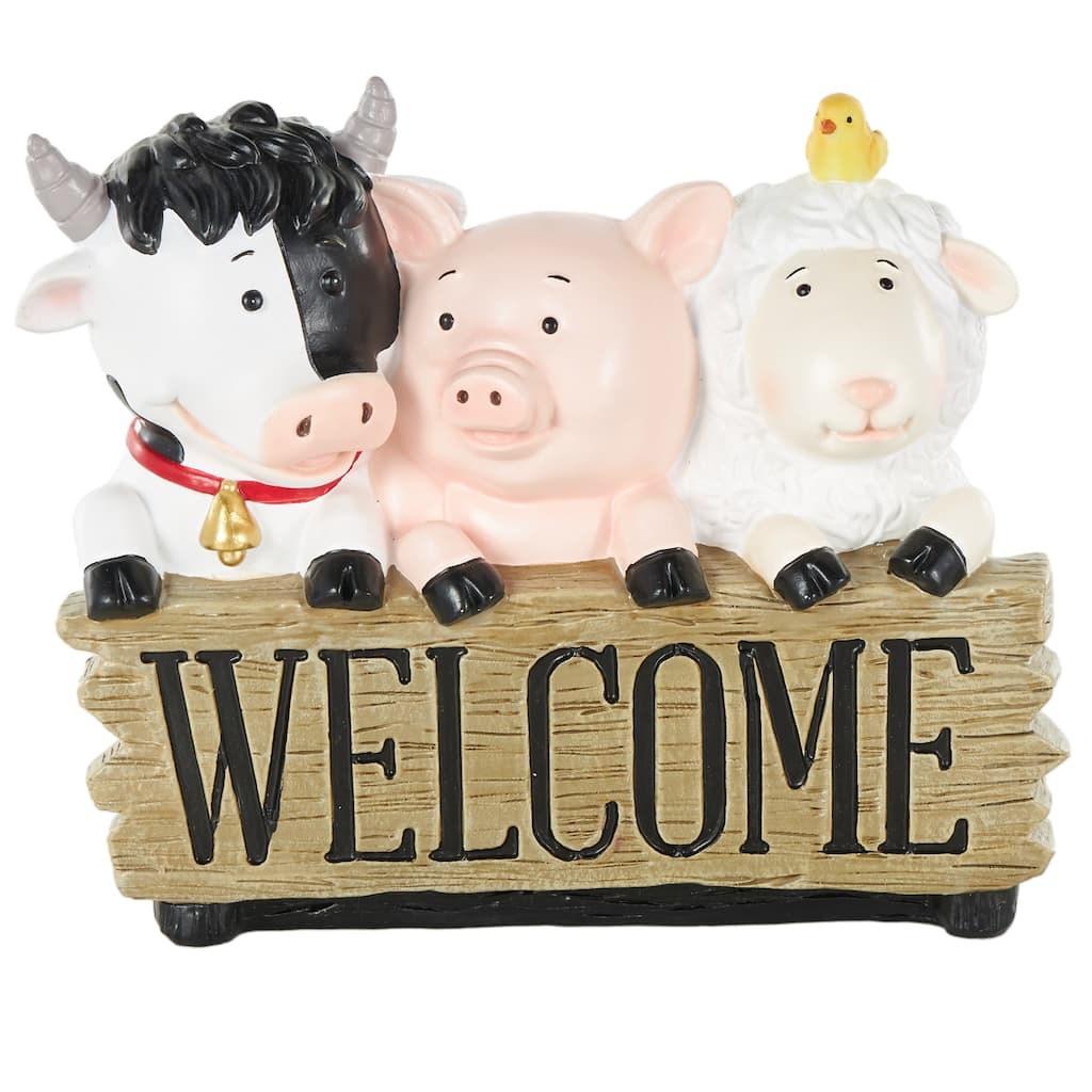 Multi Colored Polystone Farm Animals Decorative Sculpture with Brown Welcome Sign