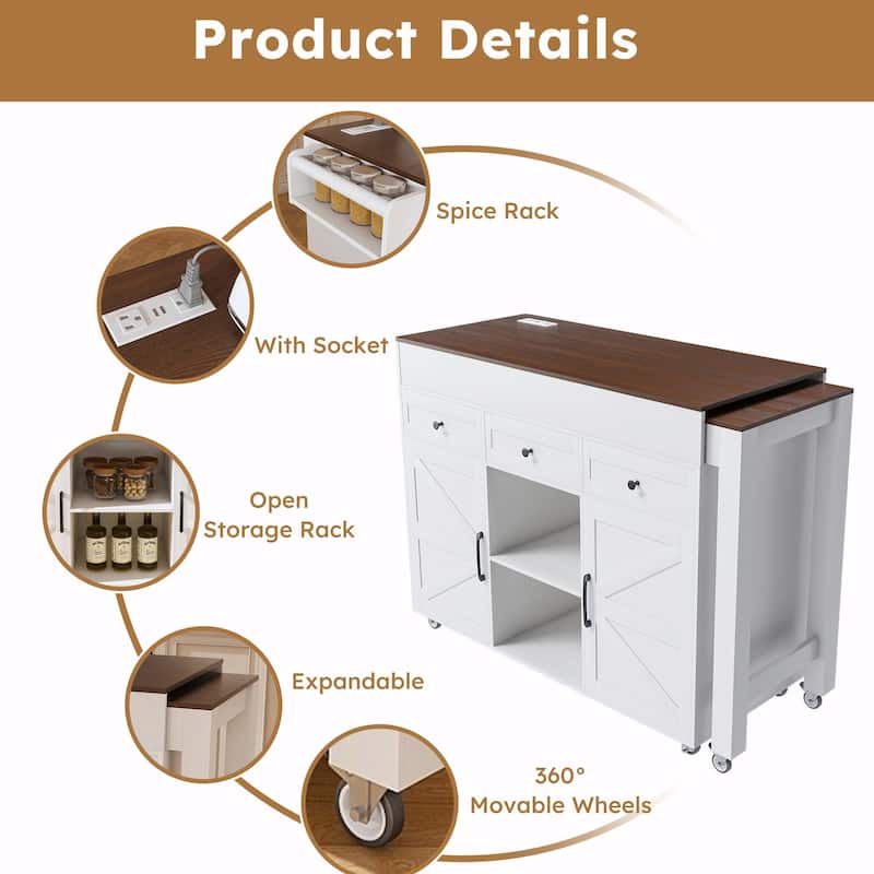 Kitchen Island Cart with Extendable Table, Wheels, Drop Leaf & Storage