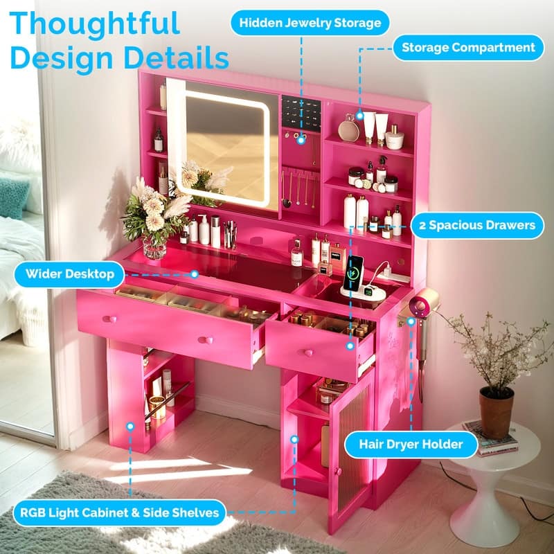 Particle Board Veneered , 2 Drawers, 1 Glass Door, Left and Right 2-tier Shelves, Glass Tabletop, Dressing Table - N/A