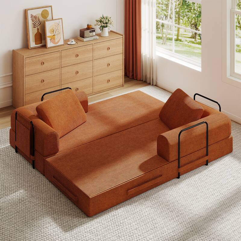 Convertible Sleeper Sofa Bed, Corduroy Folding Sleeper Couch with Pillow, Boneless Couch for Living Room, Floor Lounge Sofa