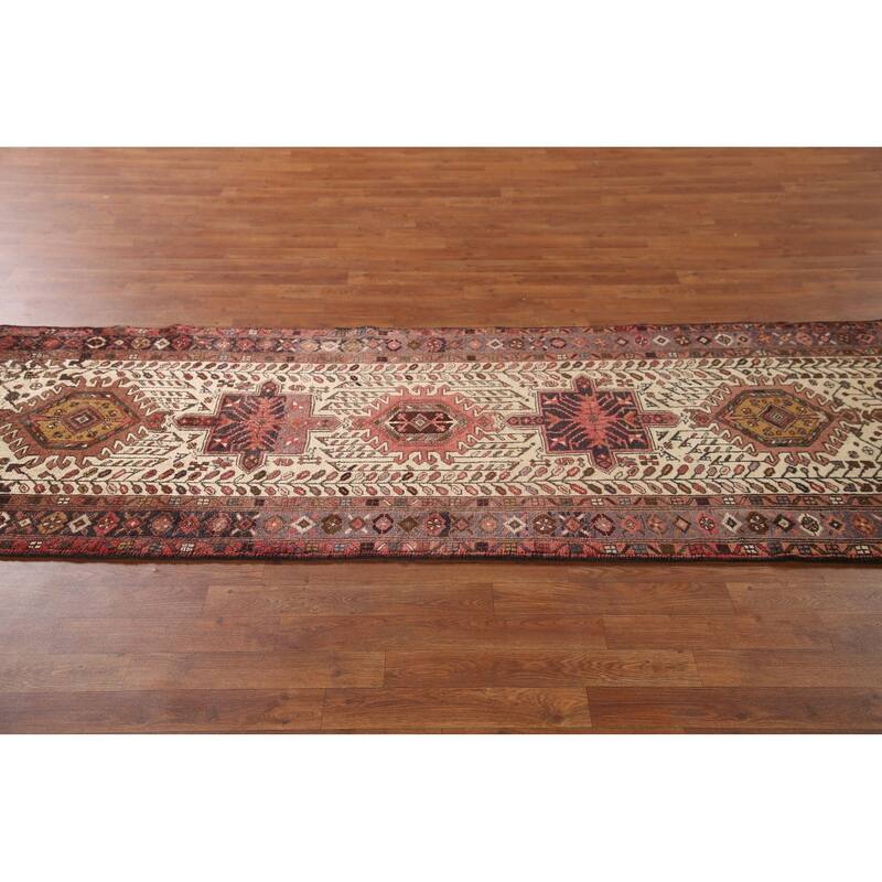 Geometric Heriz Persian Vintage Runner Rug Handmade Wool Carpet - 3'1"x 10'8"