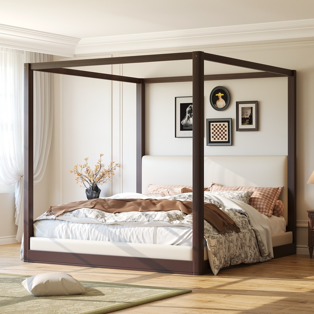 Wood Canopy Platform Bed with White Fabric Upholstered Headboard