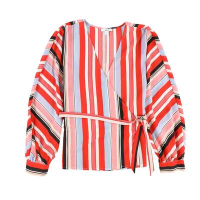 bar III Womens Striped Wrap Blouse, Red, Large
