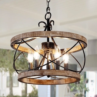Bella Depot 5-Light Rustic Cage Wood Chandelier Dimmable Lighting, Adjustable Farmhouse Pendant Light for Small Room