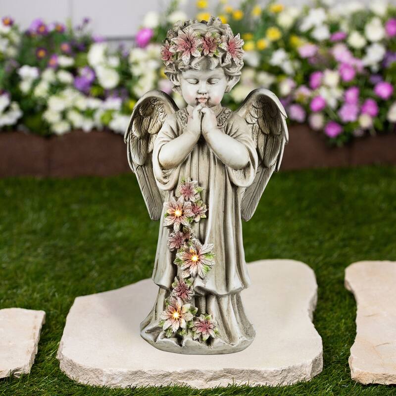LED Lighted Praying Cherub with Flowers Statue - 16"