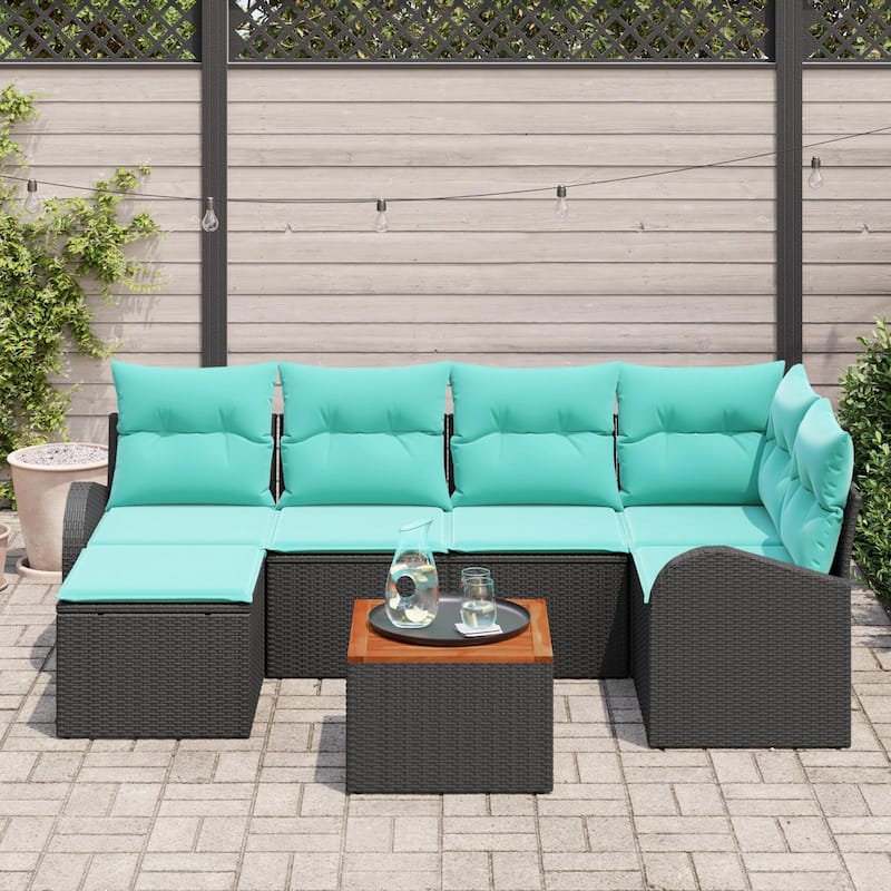 vidaXL 7 Garden Sofa Set with Cushions Black/Grey Poly Rattan - 92.1 x 48.8 x 27.2