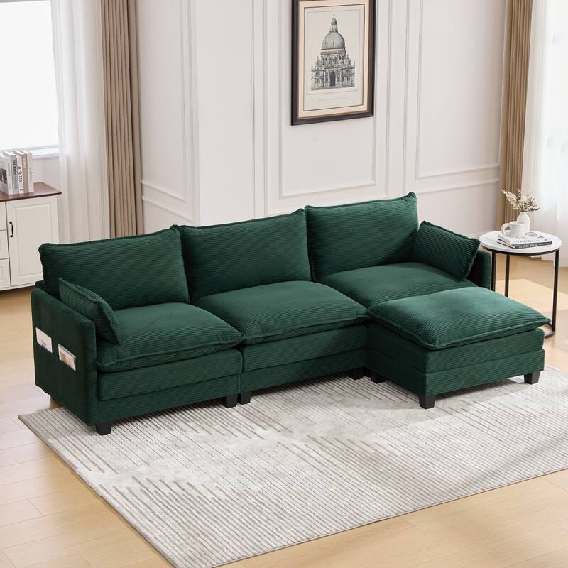 102.95" L-Shaped Corduroy Sectional Sofa with Movable Ottoman - Emerald