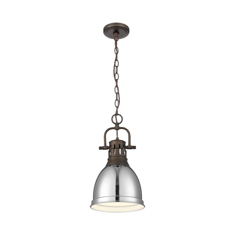 Yep by Golden Lighting Duncan 1-light 9in Chain Hung Pendant in Rubbed Bronze and Chrome shade