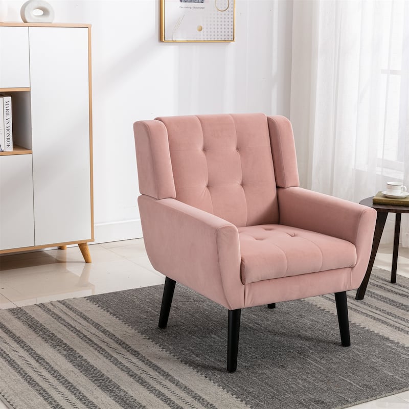 Pink Velvet Modern 29.53" Upholstered Buttons Tufted Accent Chair with Black Solid Wood Legs