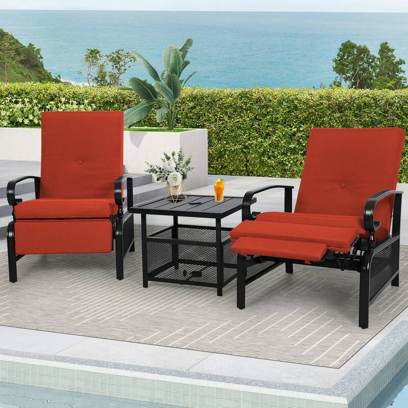 Outdoor Metal Patio Adjustable Recliner Lounge Chair & Bistro Table Set, Retractable Steel Frame and Removable Thick Cushion - Red+Table