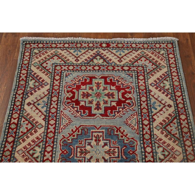 Geometric Kazak Oriental Runner Rug Hand-Knotted Wool Carpet - 2'8" x 12'2"