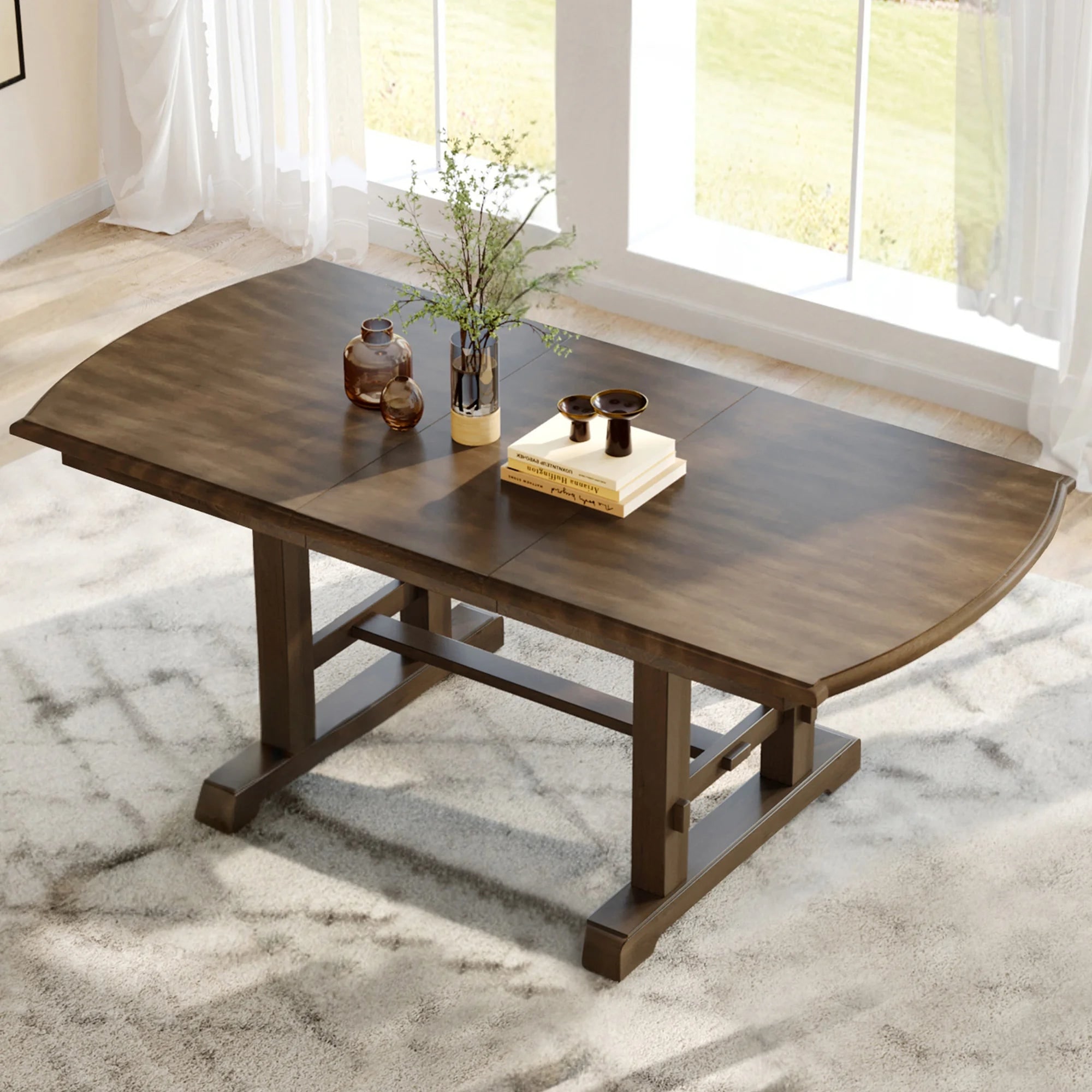 Extendable Dining Table Farmhouse Wood with Removable Leaf Brown