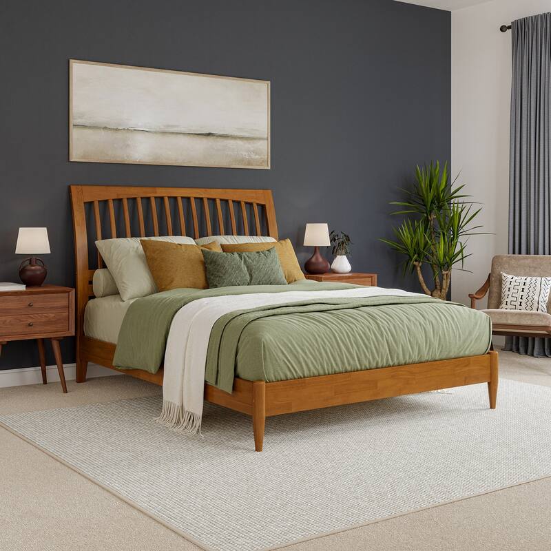 Modern Platform Bed - Solid Wood Sleigh Bed Frame - Low Profile Design - Light Toffee Finish