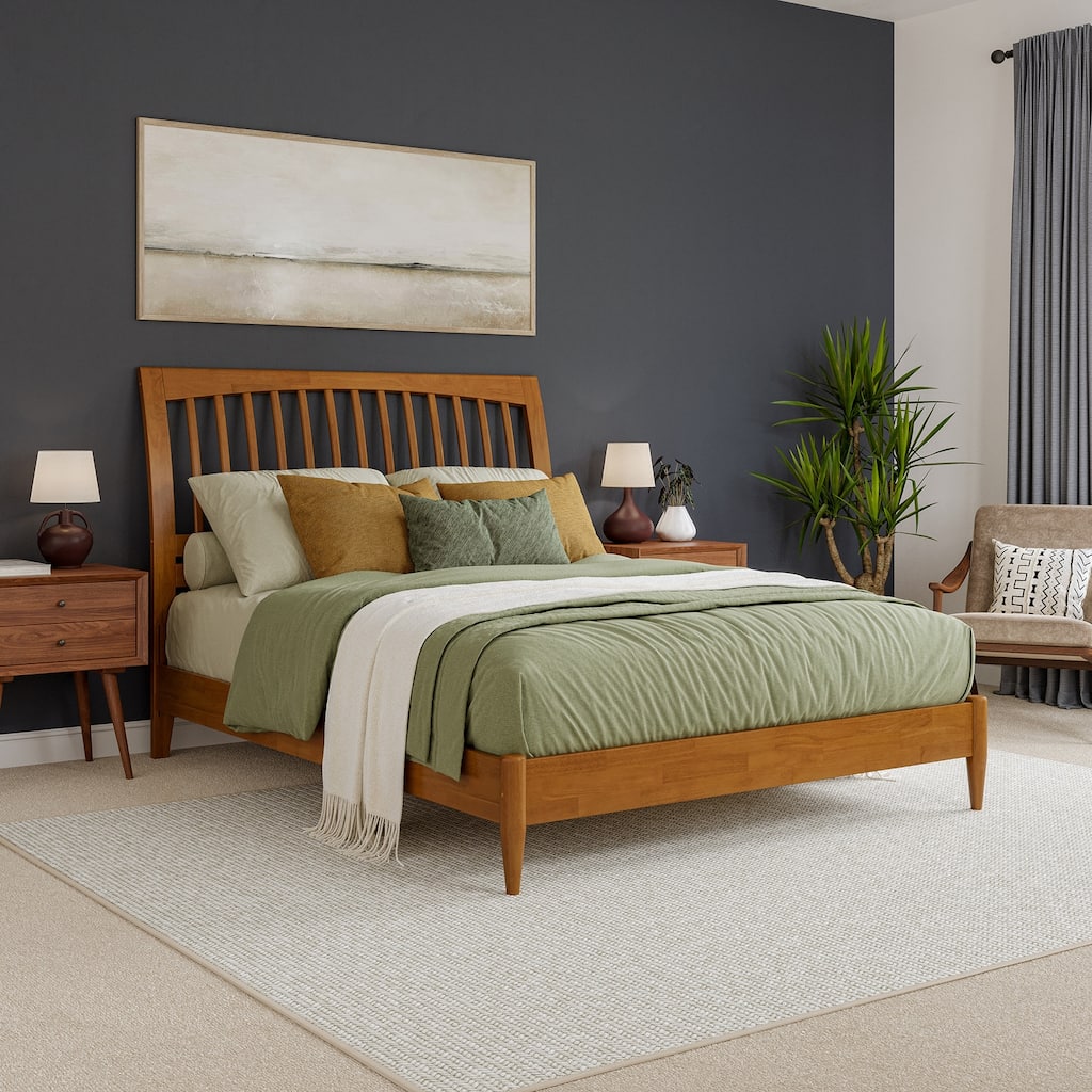 Modern Platform Bed - Solid Wood Sleigh Bed Frame - Low Profile Design - Light Toffee Finish