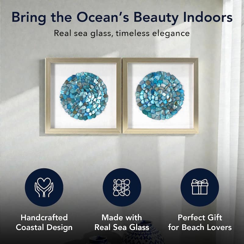 American Art Decor 2-Piece Coastal Seashell & Sea Glass Shadowbox Framed Wall Art Set