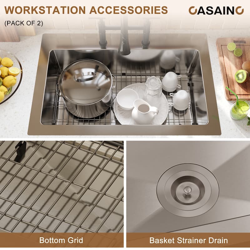 33 in. Drop-in Single Bowl 18 Gauge Brushed Stainless Steel Kitchen Sink with Bottom Grid and Basket Strainer, cUPC Certified