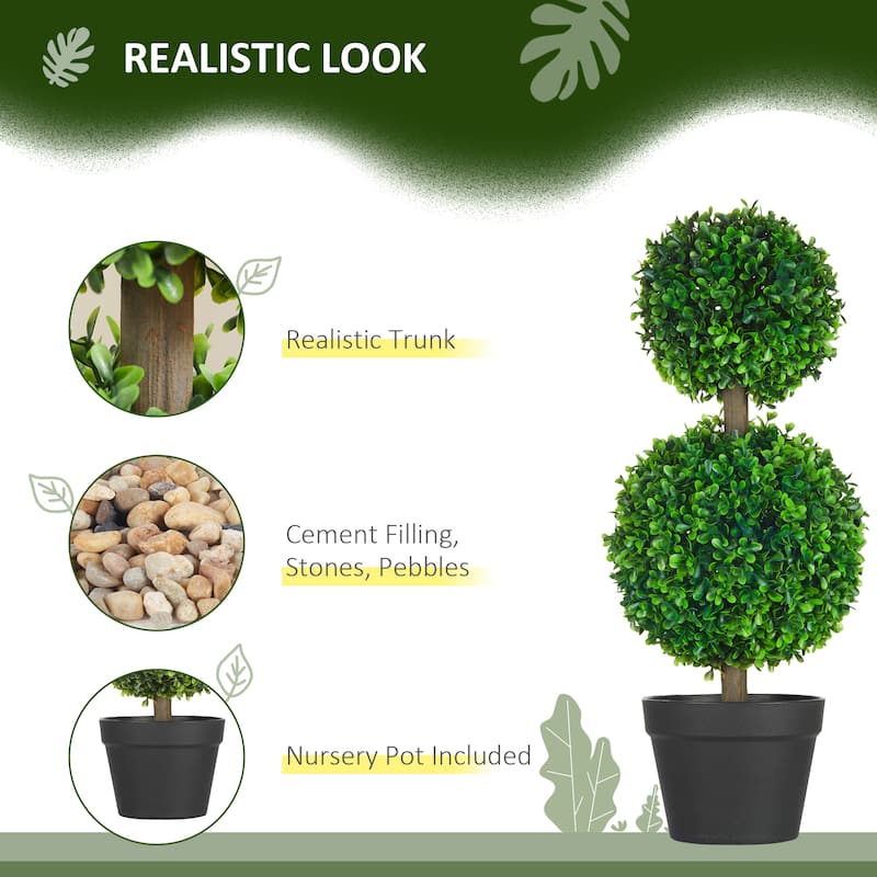 HOMCOM 2 Pack 23.5" Artificial Boxwood Topiary Ball Tree Set of 2, Double Ball-Shaped Boxwood Artificial Topiary Plants