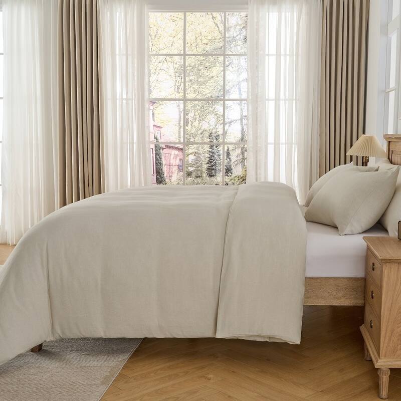 Wholinens Stone Washed Linen Cotton Blend Duvet Cover Set, Herringbone Design