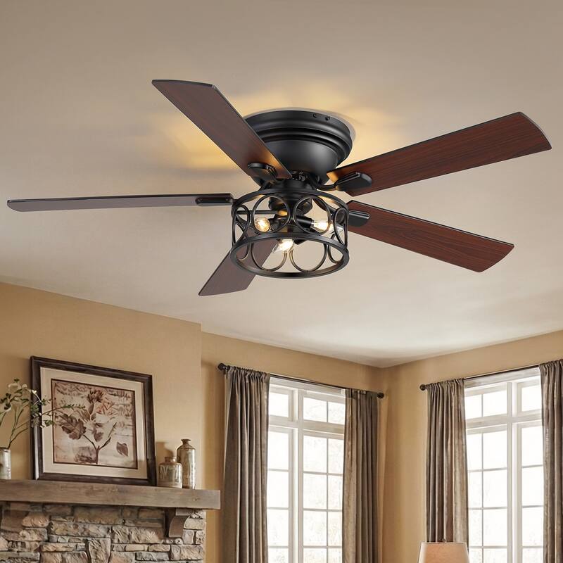 52-inch Flush Mount Caged Ceiling Fan with Light and Remote(5 Reversible Blades) - Black with Scroll Cage