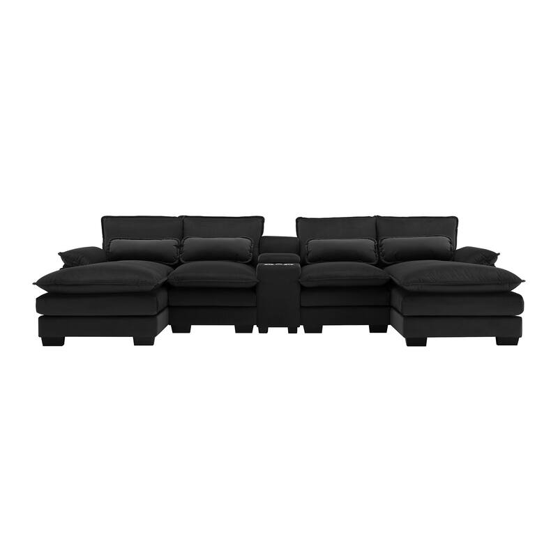 6-Seat U-Shaped Sofa with Console, Cupholders & USB Ports, Chenille Upholstery, 123"