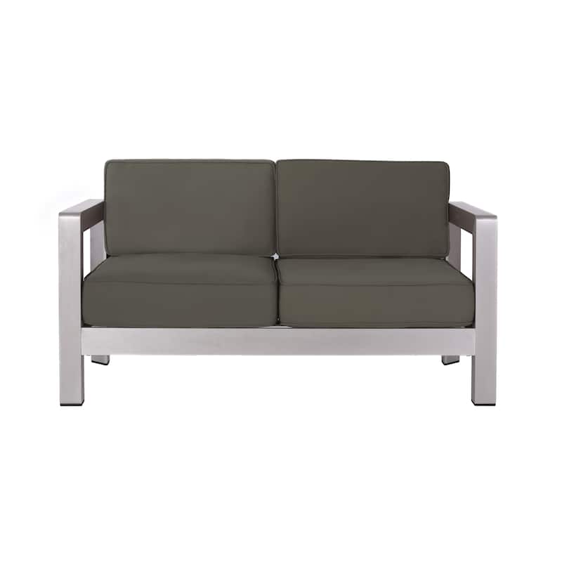 Aviara Outdoor Aluminum Loveseat with Cushions by Christopher Knight Home - Silver+ Khaki