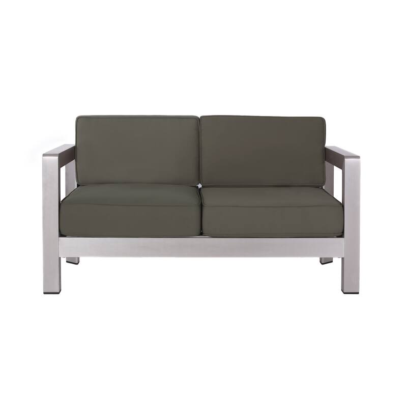 Roomfitters Aviara Outdoor Aluminum Loveseat with Deep Seating, Modern Silver Finish