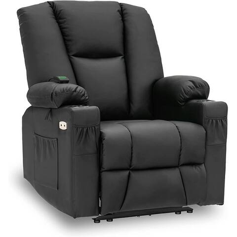 Mcombo Electric PowerRecliner with Massage & Heat, Extended Footrest, 2 USB Ports, Side Pockets, Cup Holders, Faux Leather 8015