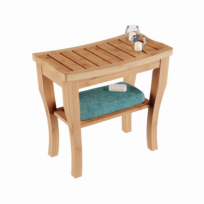 Bamboo Shower Bench Spa Stool - Wood 2-Tier Seat, Foot Rest Shaving Stool with Non-Slip Feet + Storage Shelf by Lavish Home