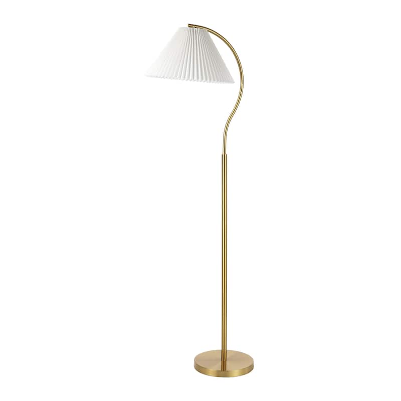 Freida 60.5" Modern Glam Metal Arc LED Floor Lamp with Pleated Shade, Brass Gold/White, by JONATHAN Y