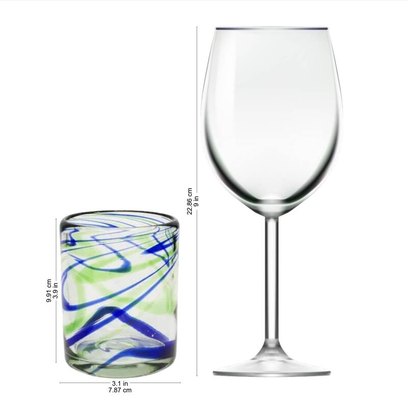 NOVICA Artisan Handblown Rocks Glasses Blue Green Mexican Recycled Tumbler 'Elegant Energy'(Set of 6) - 3.1