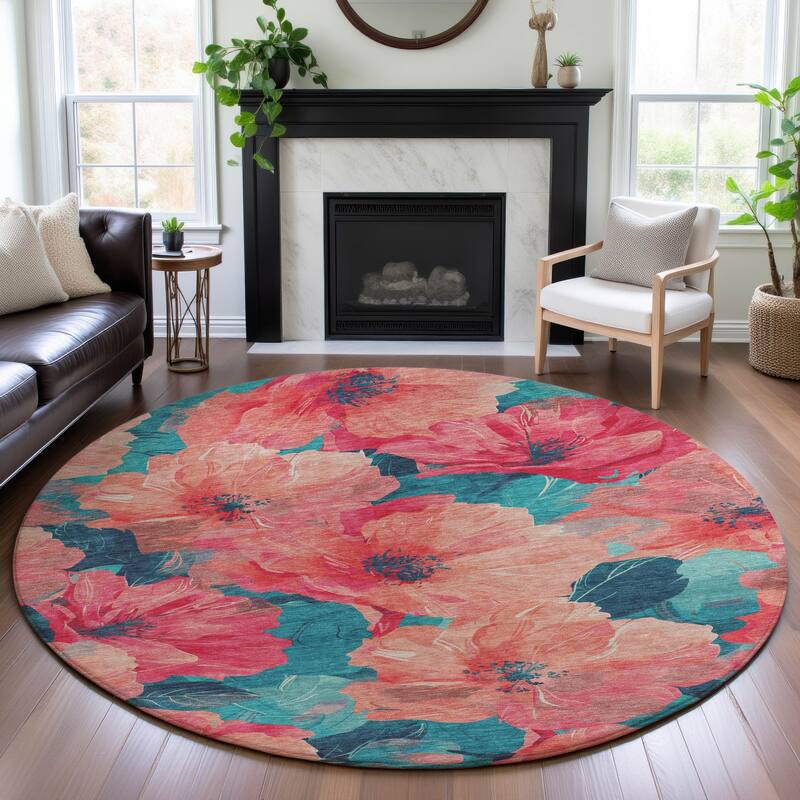 Premium Washable Super Soft Contemporary Floral Mayfield Rug - Salmon - 8' x 8'