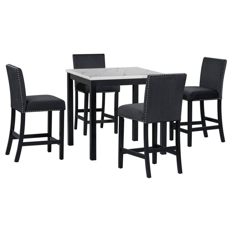 35" Faux Marble Top Dining Table and 4 Velvet Chairs, 5-Piece Dining Set