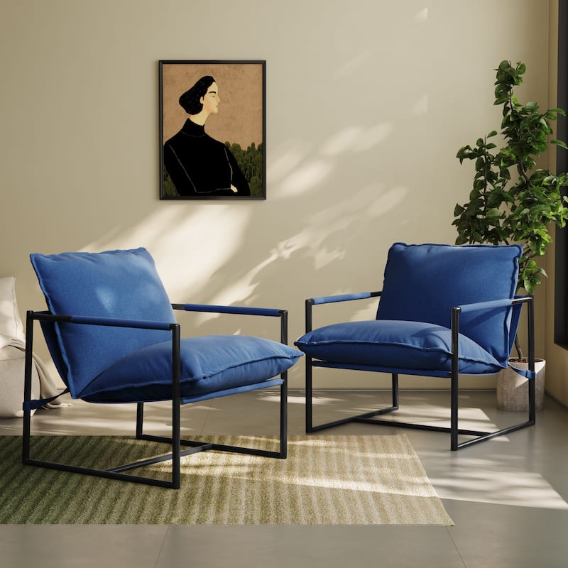 Modern Metal Frame Upholstered Sling Accent Armchair Set of 2 - Blue