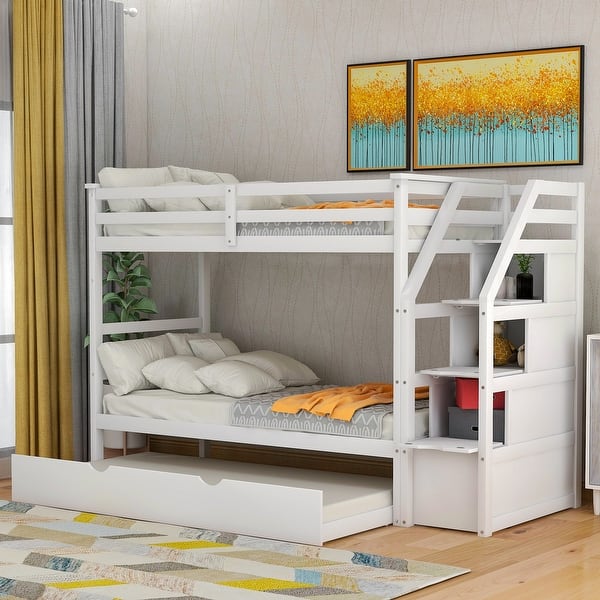 slide 2 of 26, Twin-Over-Twin Multifunctional Trundle Bunk Bed with Stairs with Twin Size Trundle and 3 Storage Stairs White