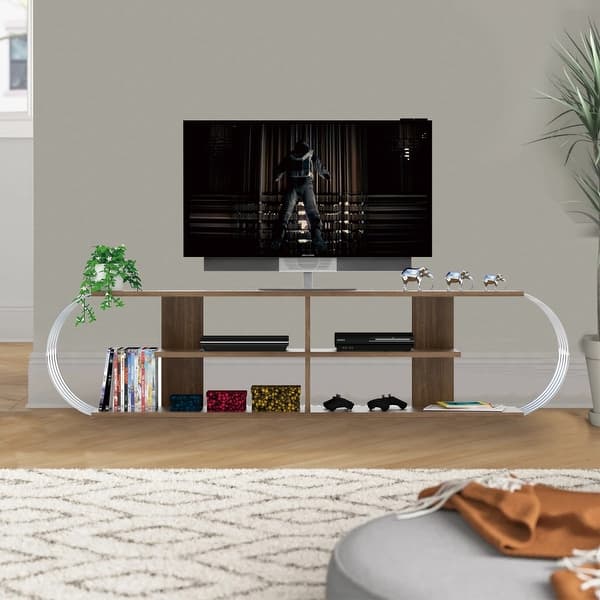 slide 2 of 13, Modern 68 in. Wood TV Stand with 4 Storage Shelves Fits TV's up to 68 in. Walnut/Chrome