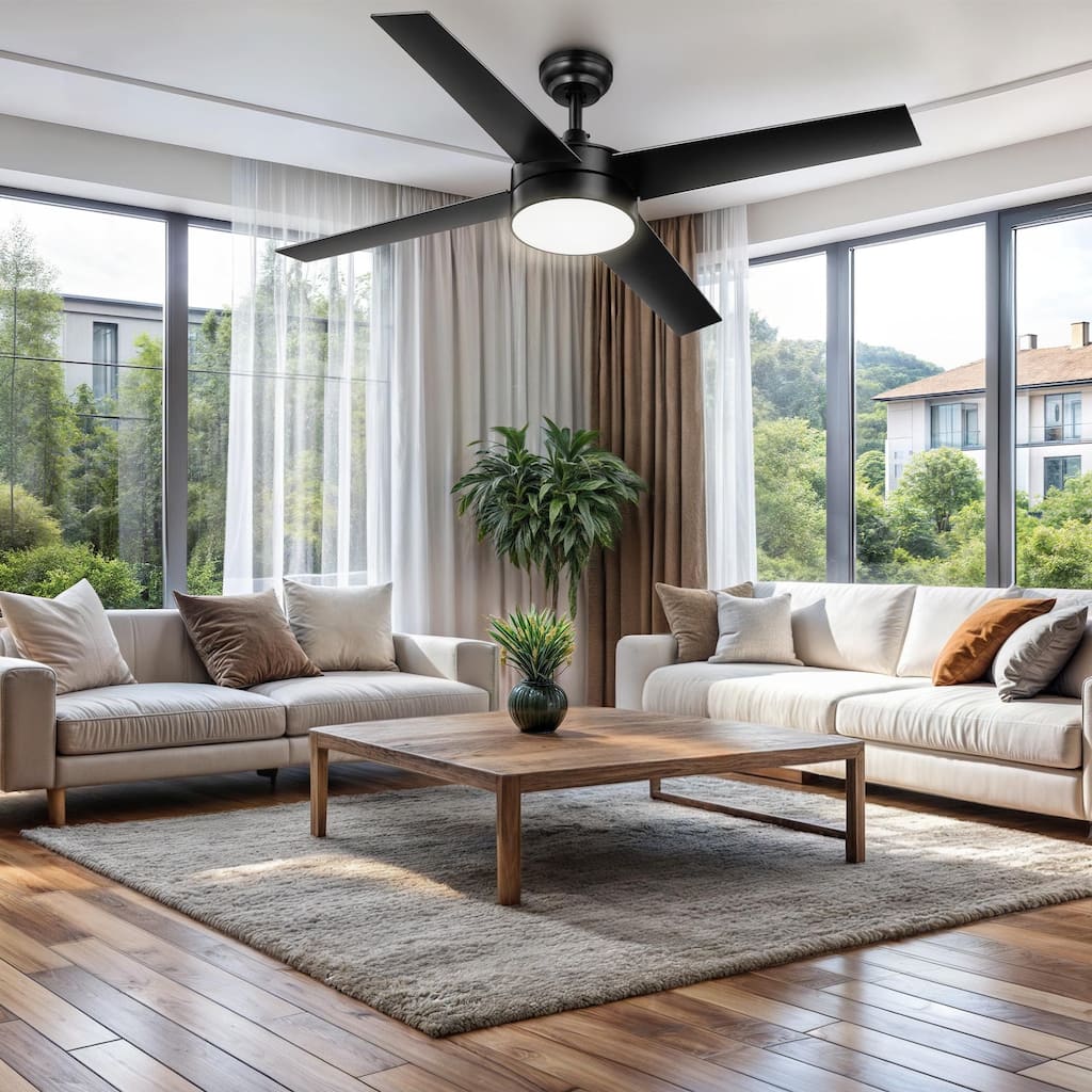 48" 4-Blade Matte Black Ceiling Fan with LED Lights and Remote Control