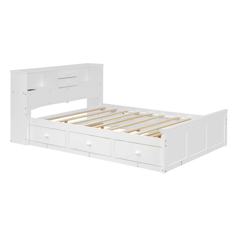 HomeRoots White Wood Full Bed Frame With Trundle And Drawers